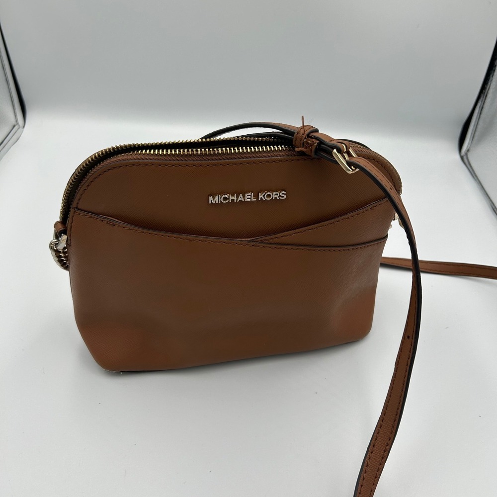 Michael Kors Crossbody Bag Womens Medium Brown Saffiano Leather Dome Chain Strap